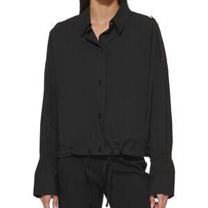 DKNY Point Collar Long Sleeve Button Front Poplin Top - Small Women Blouse